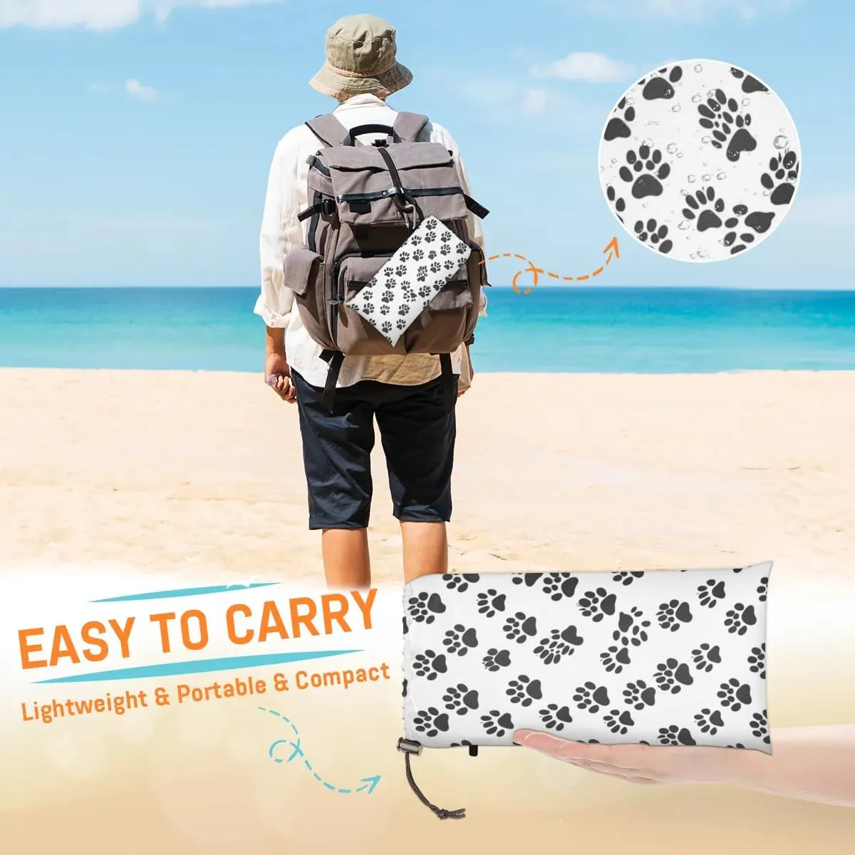 Black White Paw Print Beach Blanket, Sandproof Beach Mat, Adults Waterproof Quick Drying Sand Free Mat with 4 x Ground Spikes for Outdoor Travel Camping Hiking, Cute Dog Cat Pet Paw