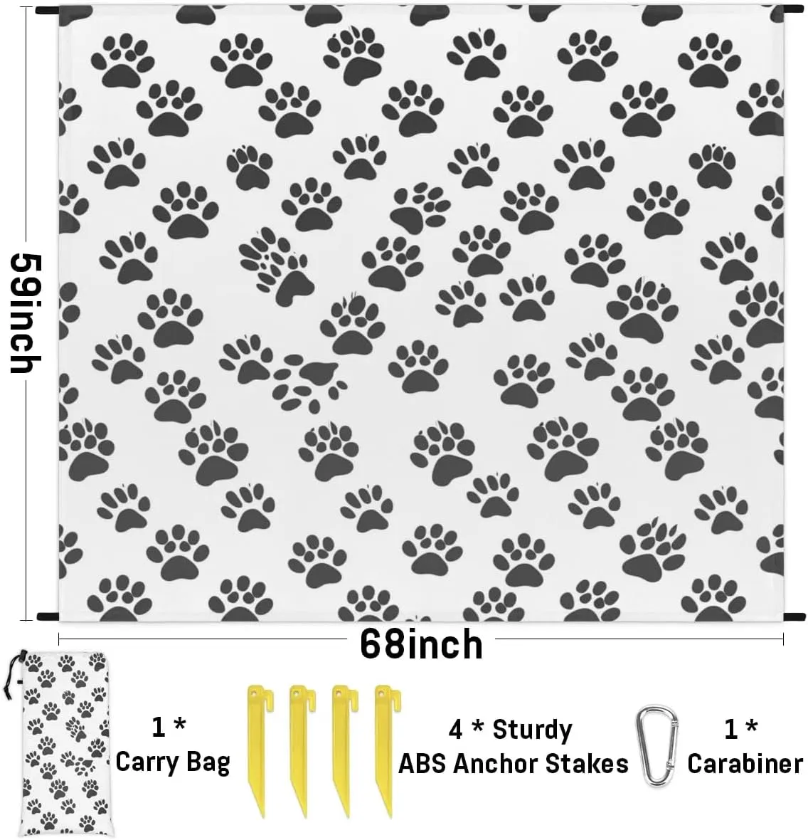 Black White Paw Print Beach Blanket, Sandproof Beach Mat, Adults Waterproof Quick Drying Sand Free Mat with 4 x Ground Spikes for Outdoor Travel Camping Hiking, Cute Dog Cat Pet Paw