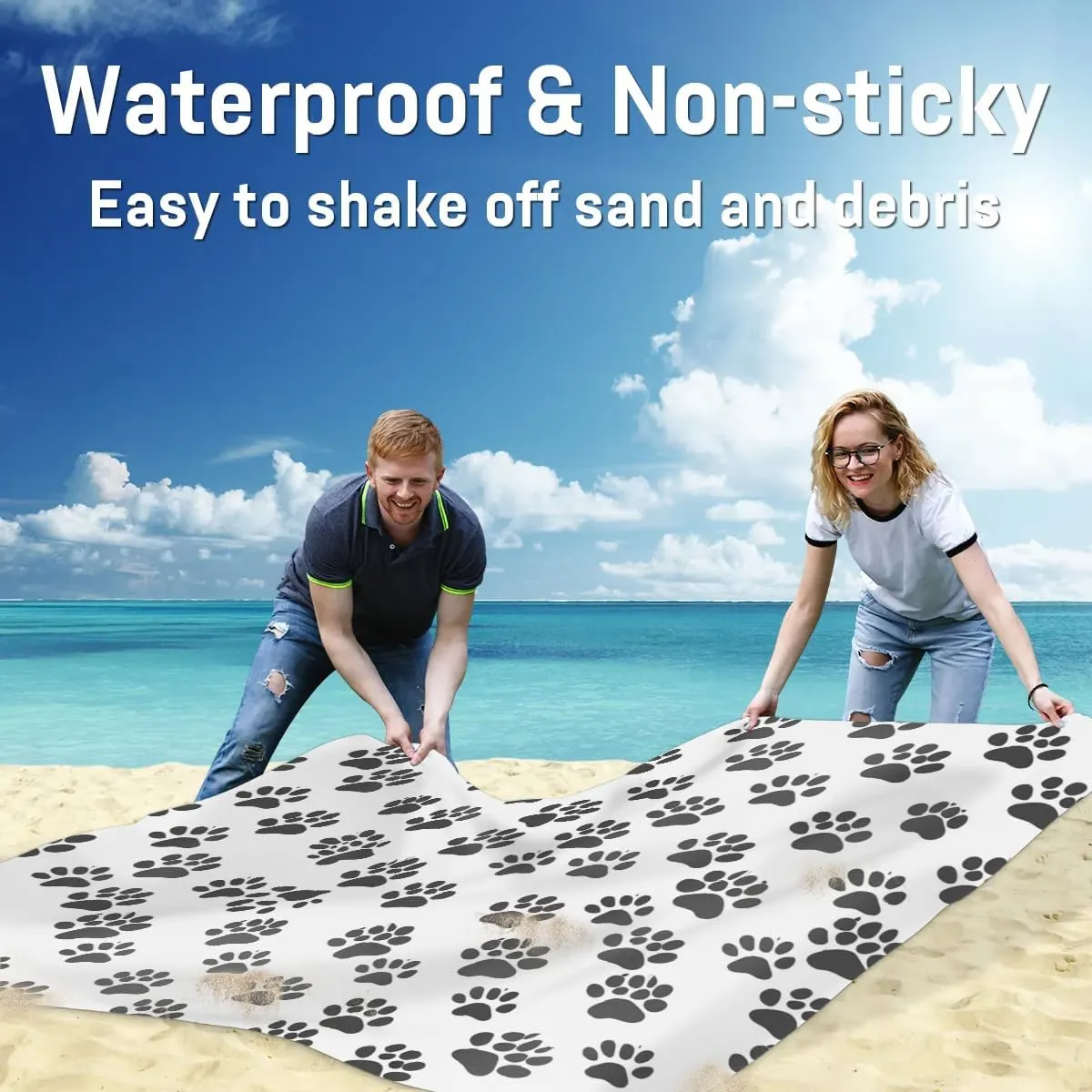 Black White Paw Print Beach Blanket, Sandproof Beach Mat, Adults Waterproof Quick Drying Sand Free Mat with 4 x Ground Spikes for Outdoor Travel Camping Hiking, Cute Dog Cat Pet Paw
