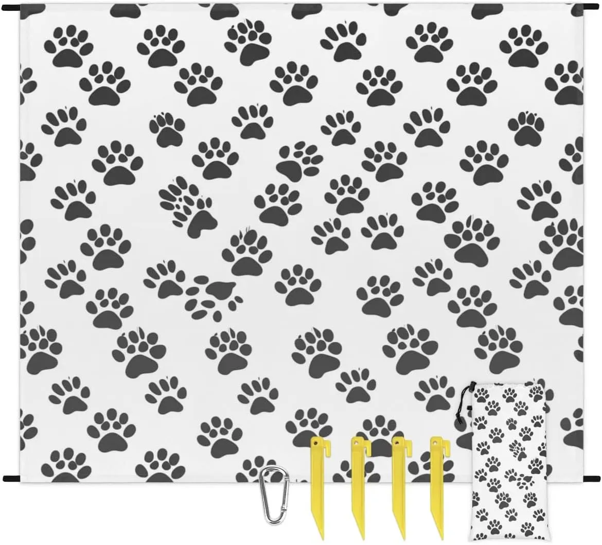 Black White Paw Print Beach Blanket, Sandproof Beach Mat, Adults Waterproof Quick Drying Sand Free Mat with 4 x Ground Spikes for Outdoor Travel Camping Hiking, Cute Dog Cat Pet Paw