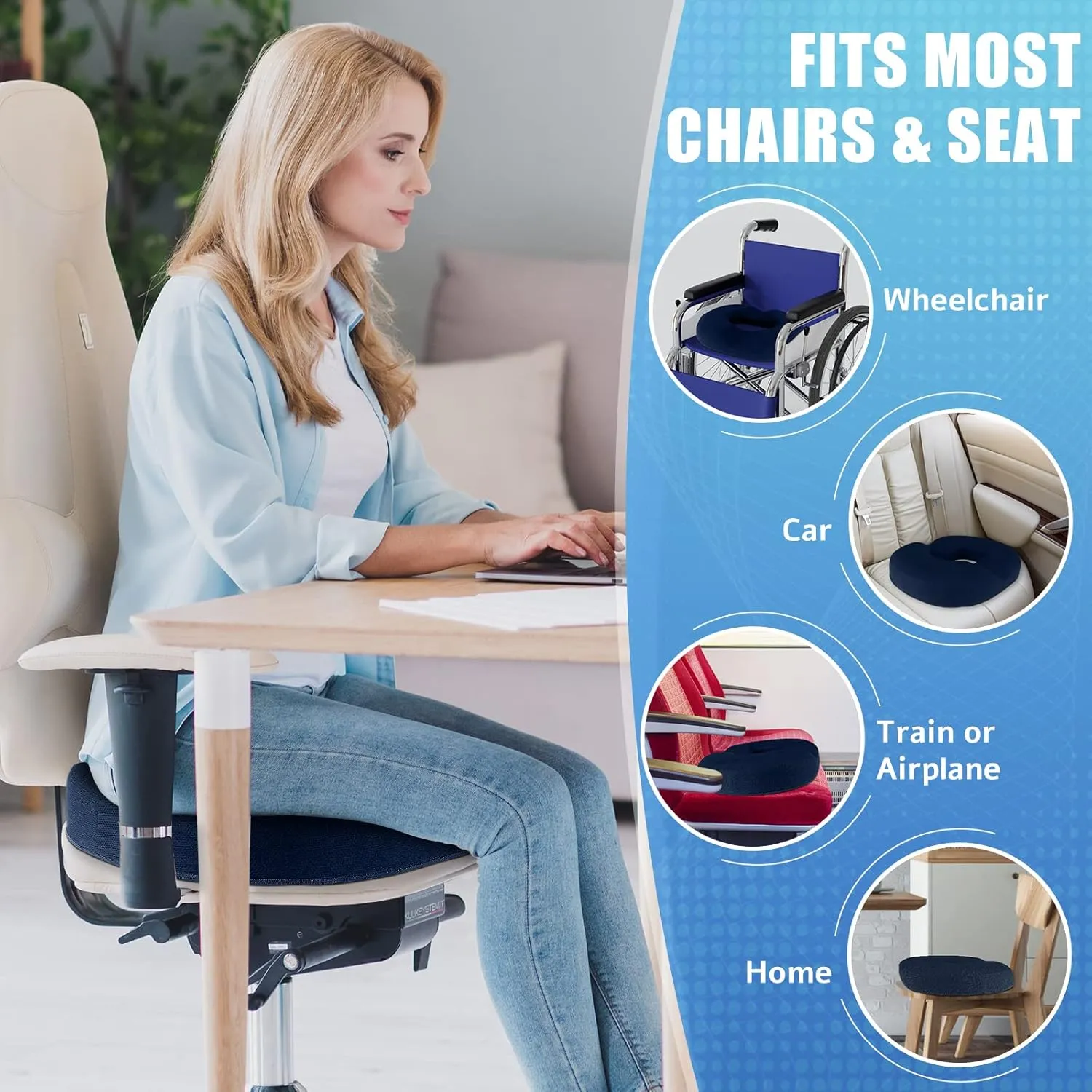 BlissTrends Donut Pillow Seat Cushion,Donut Chair Cushions for Postpartum Pregnancy & Hemorrhoids,Tailbone Pain Relief Cushion,Memory Foam Lifting Cushions for Office&Home Chairs (Blue)