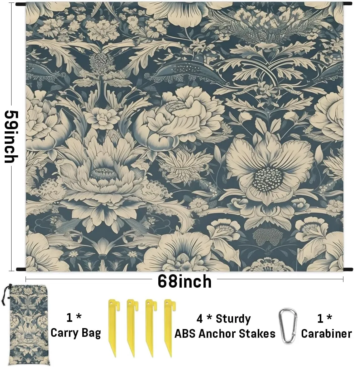 Boho Floral Beach Blanket, Sandproof Beach Mat, 68 x 59 Waterproof Quick Drying Sand Free Mat with 4 x Ground Spikes for Outdoor Travel Camping Hiking, Flowers Printed Bohemian Ethnic Style