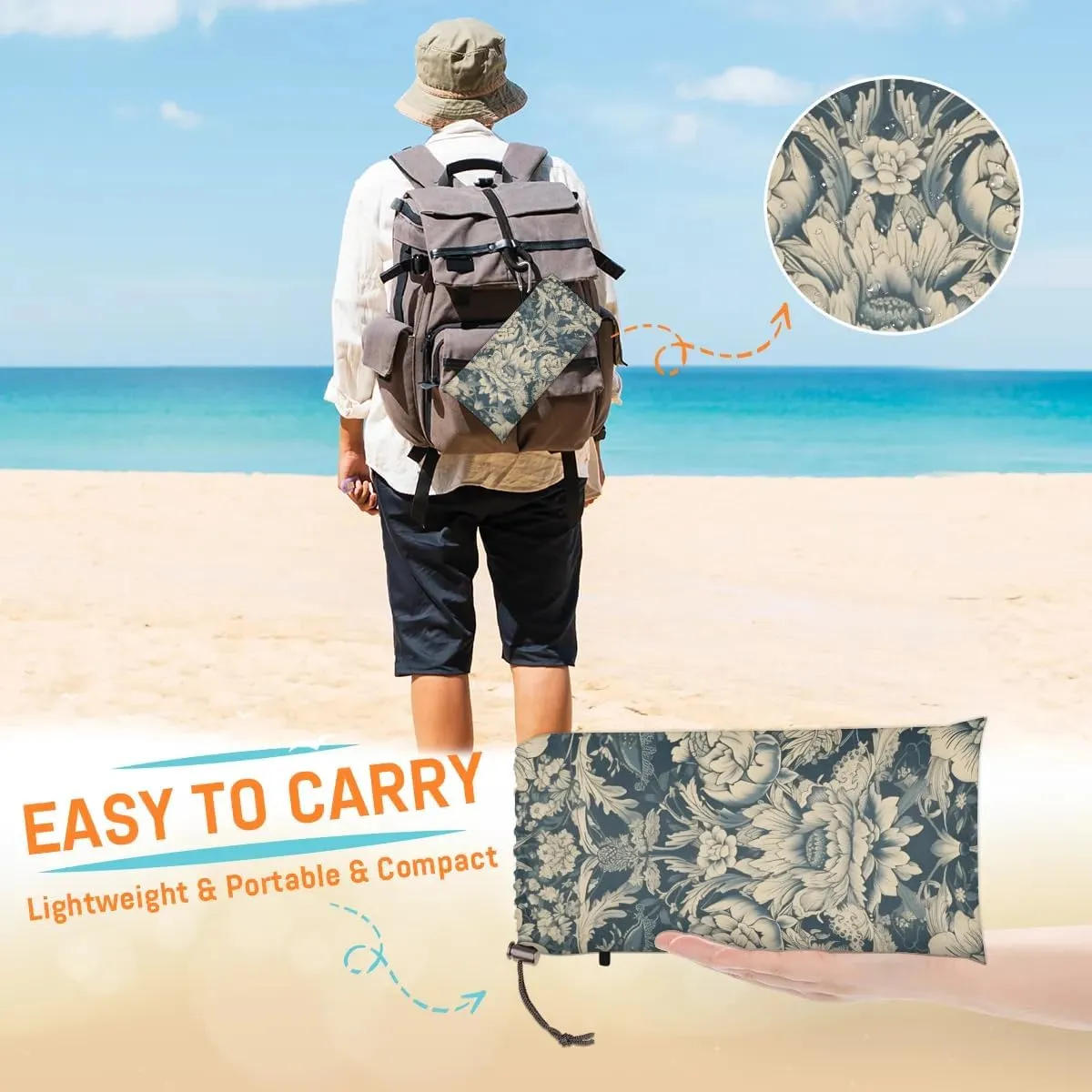 Boho Floral Beach Blanket, Sandproof Beach Mat, 68 x 59 Waterproof Quick Drying Sand Free Mat with 4 x Ground Spikes for Outdoor Travel Camping Hiking, Flowers Printed Bohemian Ethnic Style