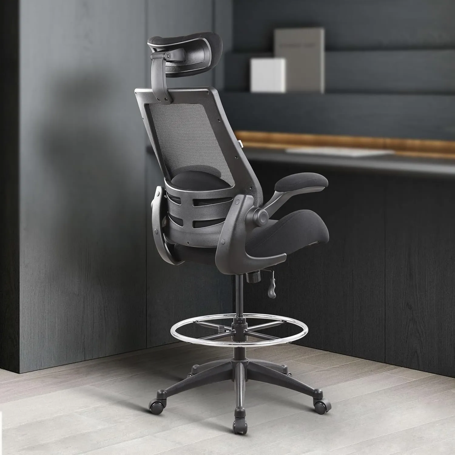 BOLISS 400lbs High Back Computer Office Drafting Chair Flip up Armrests Lumbar Support Adjustable Big Footrest Ring(Black)