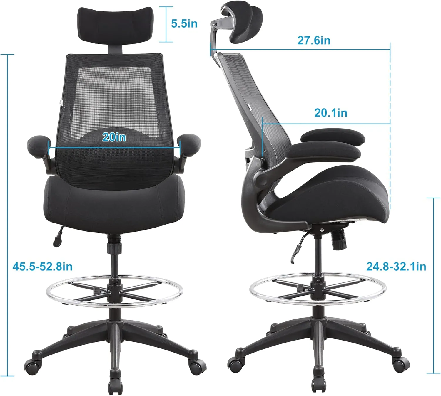 BOLISS 400lbs High Back Computer Office Drafting Chair Flip up Armrests Lumbar Support Adjustable Big Footrest Ring(Black)