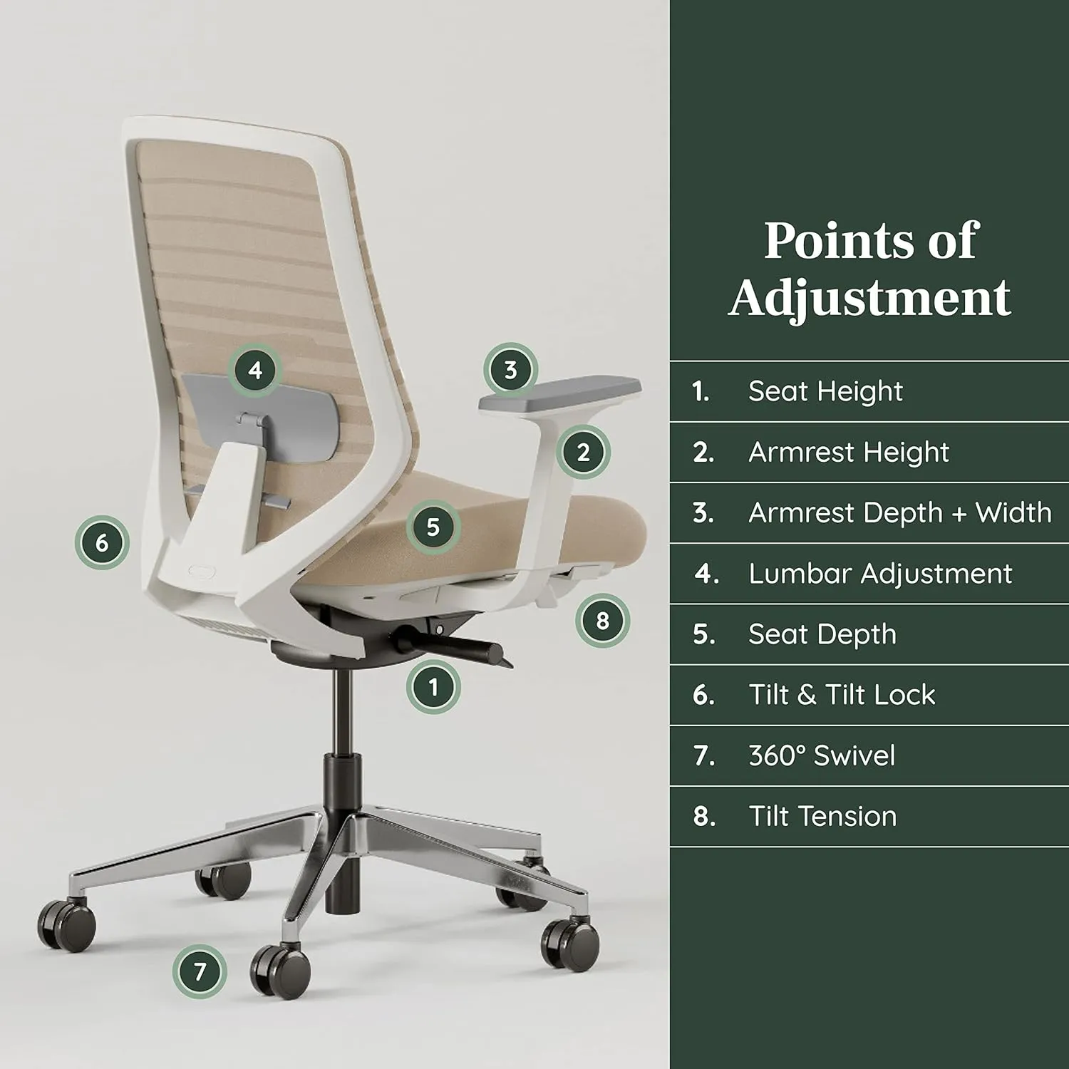 Branch Ergonomic Chair - A Versatile Desk Chair with Adjustable Lumbar Support, Breathable Mesh Backrest, and Smooth Wheels - Experience Optimal Comfort and Support - Sand - White
