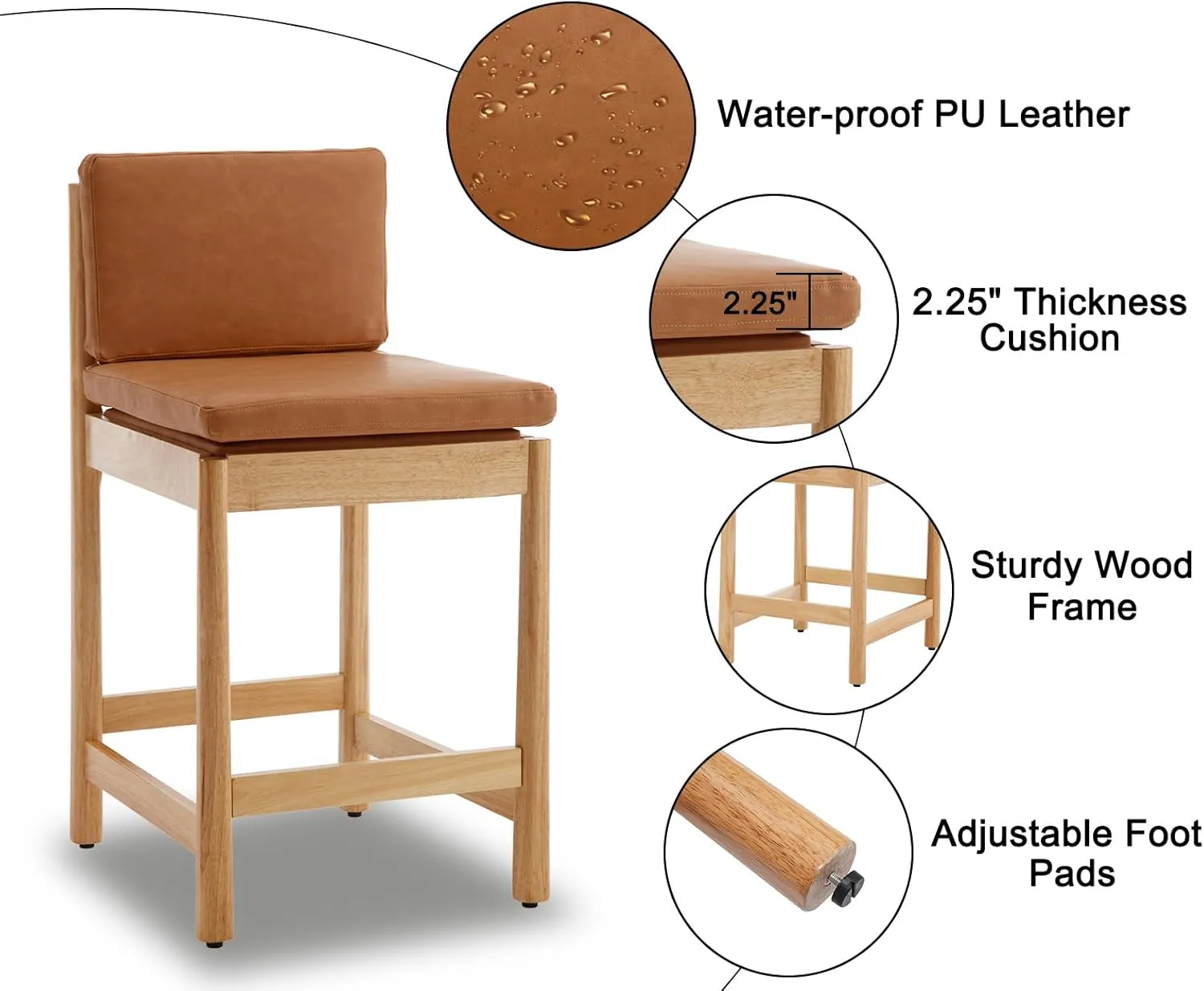 Brown Leather Counter Height Bar Stools Set of 2 Farmhouse Mid Century Modern Barstools Upholstered PU Counter Stools Wood Bar Chairs for Kitchen Island/Dining Room/Home/Pub,26 Inch