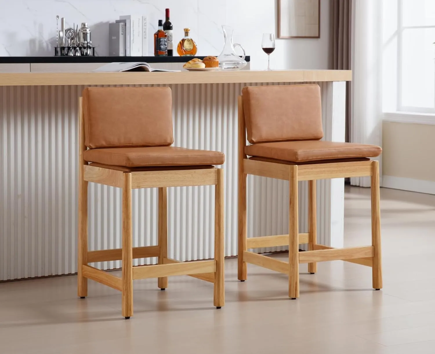Brown Leather Counter Height Bar Stools Set of 2 Farmhouse Mid Century Modern Barstools Upholstered PU Counter Stools Wood Bar Chairs for Kitchen Island/Dining Room/Home/Pub,26 Inch