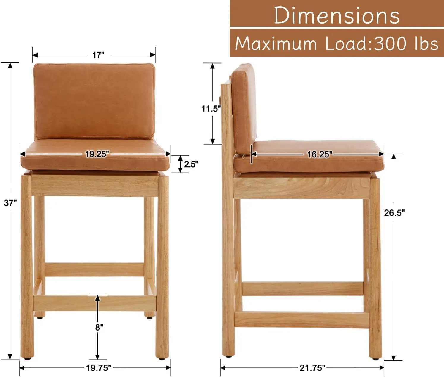 Brown Leather Counter Height Bar Stools Set of 2 Farmhouse Mid Century Modern Barstools Upholstered PU Counter Stools Wood Bar Chairs for Kitchen Island/Dining Room/Home/Pub,26 Inch