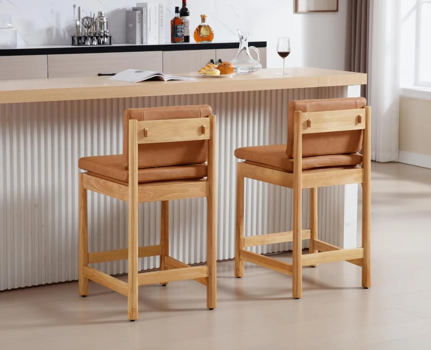 Brown Leather Counter Height Bar Stools Set of 2 Farmhouse Mid Century Modern Barstools Upholstered PU Counter Stools Wood Bar Chairs for Kitchen Island/Dining Room/Home/Pub,26 Inch