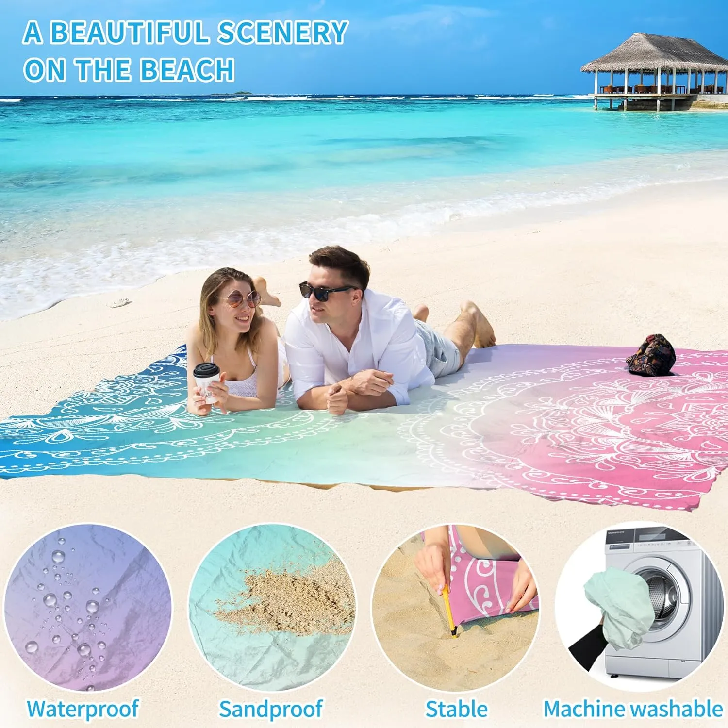 BYDOLL Beach Blanket Waterproof Sandproof 78''×81'' Suits1-4 Adults Compact Lightweight Oversized Sand-Free Blanket Large Picnic Mat for Beach Travel Camping Hiking