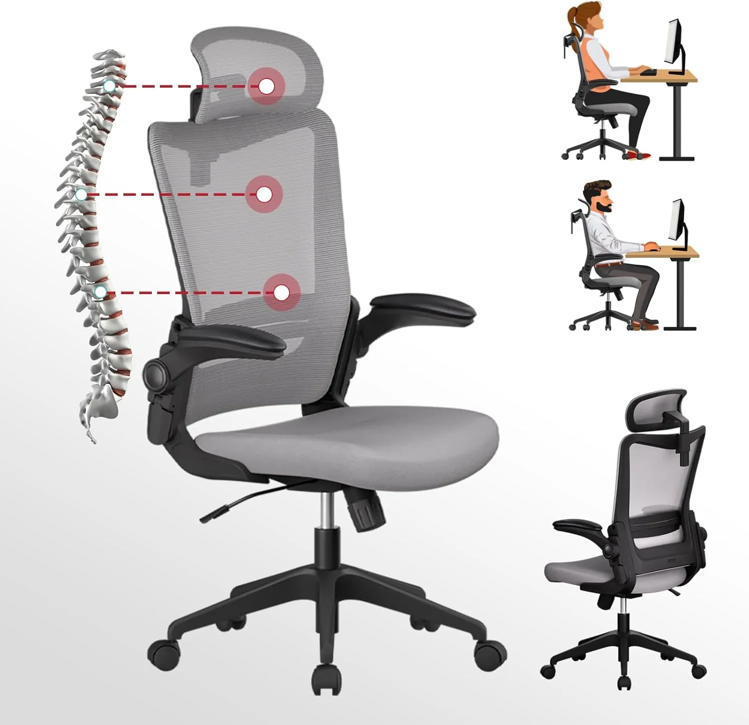 C6 Grey Ergonomic Office Desk Chair with Lumbar Support 2D Headrest Flip Up 4D Armrest 120° Rocking Mesh Computer Chair Office Chairs for Office Home Conference Room Usage