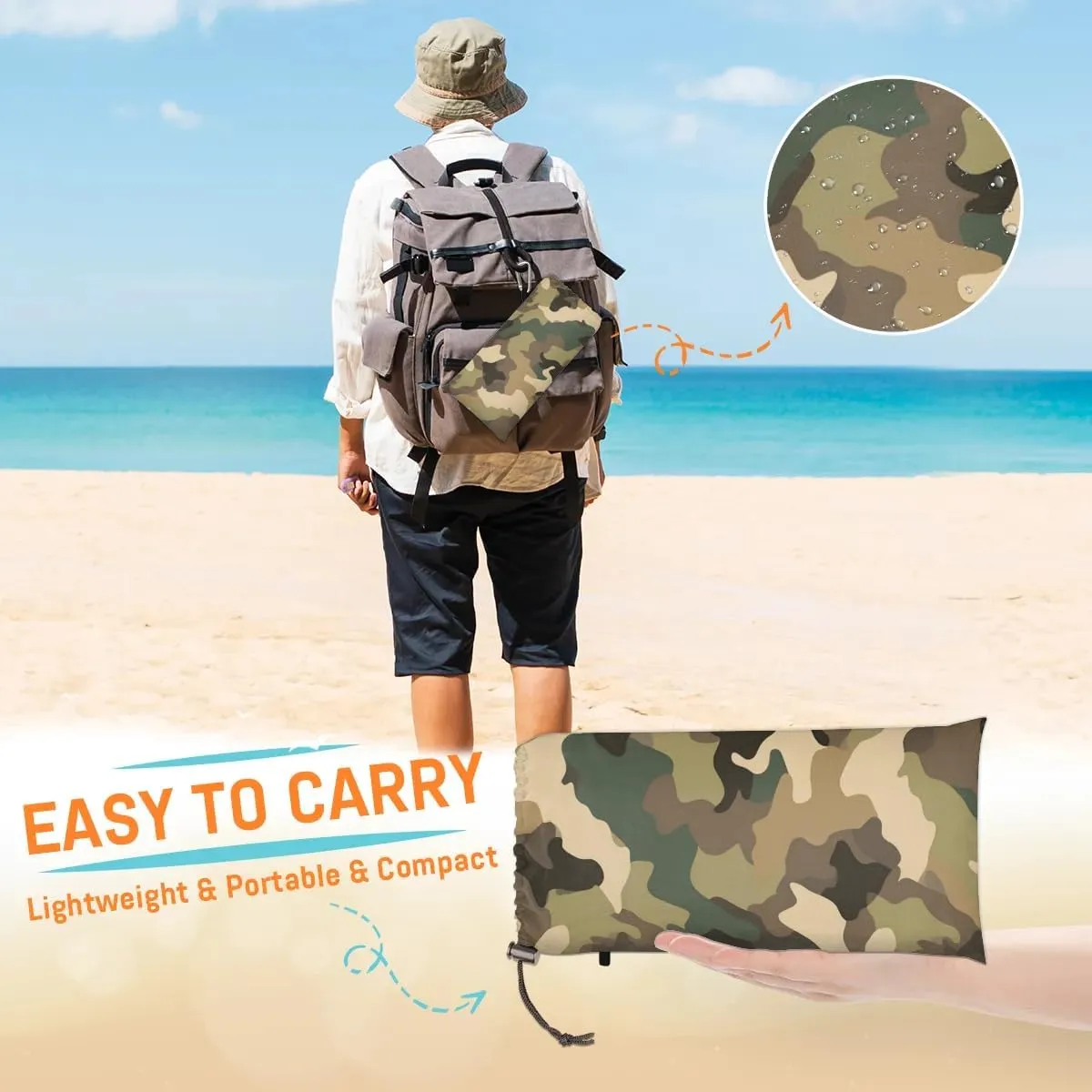 Camouflage Print Beach Blanket, Sandproof Beach Mat, 68 x 59 Waterproof Quick Drying Sand Free Mat with 4 x Ground Spikes for Outdoor Travel Camping Hiking, Camo
