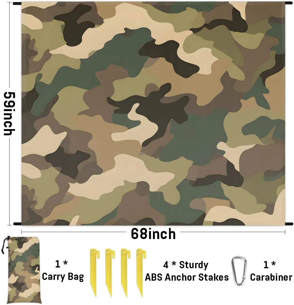 Camouflage Print Beach Blanket, Sandproof Beach Mat, 68 x 59 Waterproof Quick Drying Sand Free Mat with 4 x Ground Spikes for Outdoor Travel Camping Hiking, Camo