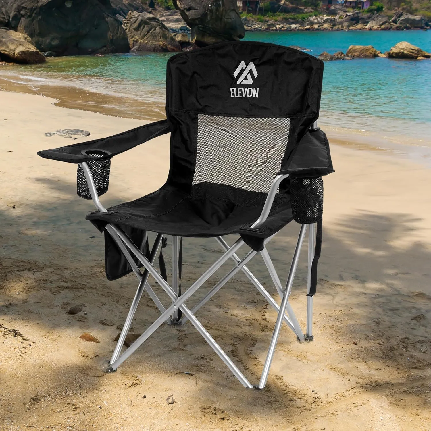 Camp Chairs Outdoor, Folding Chair Camping Recliner Support Mesh Backrest, Lawn Chair with Cup Holder, Storage Pocket, Carrying Bag, Black