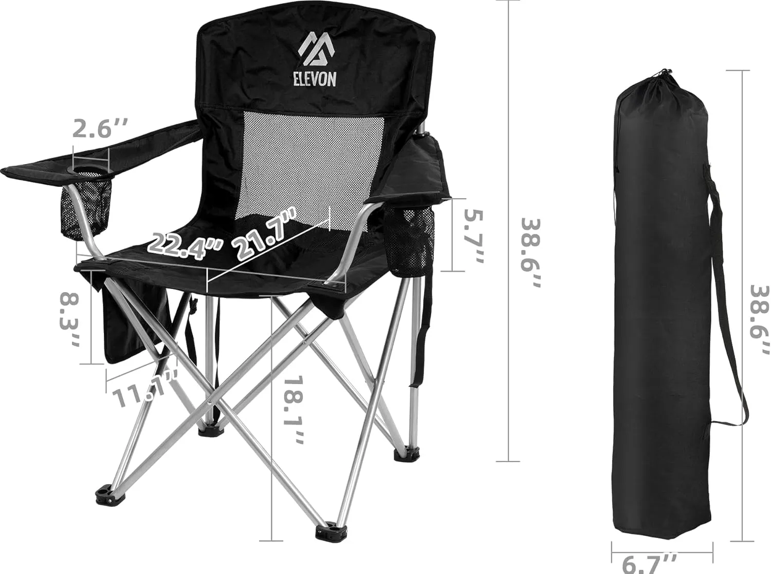Camp Chairs Outdoor, Folding Chair Camping Recliner Support Mesh Backrest, Lawn Chair with Cup Holder, Storage Pocket, Carrying Bag, Black
