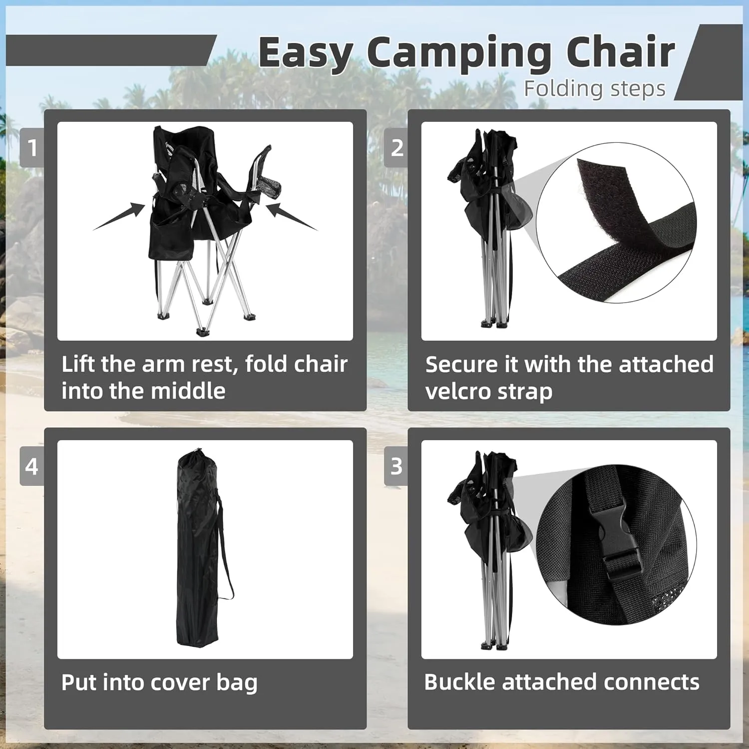 Camp Chairs Outdoor, Folding Chair Camping Recliner Support Mesh Backrest, Lawn Chair with Cup Holder, Storage Pocket, Carrying Bag, Black
