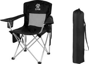 Camp Chairs Outdoor, Folding Chair Camping Recliner Support Mesh Backrest, Lawn Chair with Cup Holder, Storage Pocket, Carrying Bag, Black