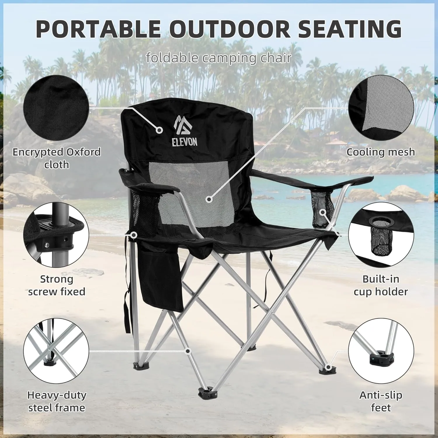 Camp Chairs Outdoor, Folding Chair Camping Recliner Support Mesh Backrest, Lawn Chair with Cup Holder, Storage Pocket, Carrying Bag, Black