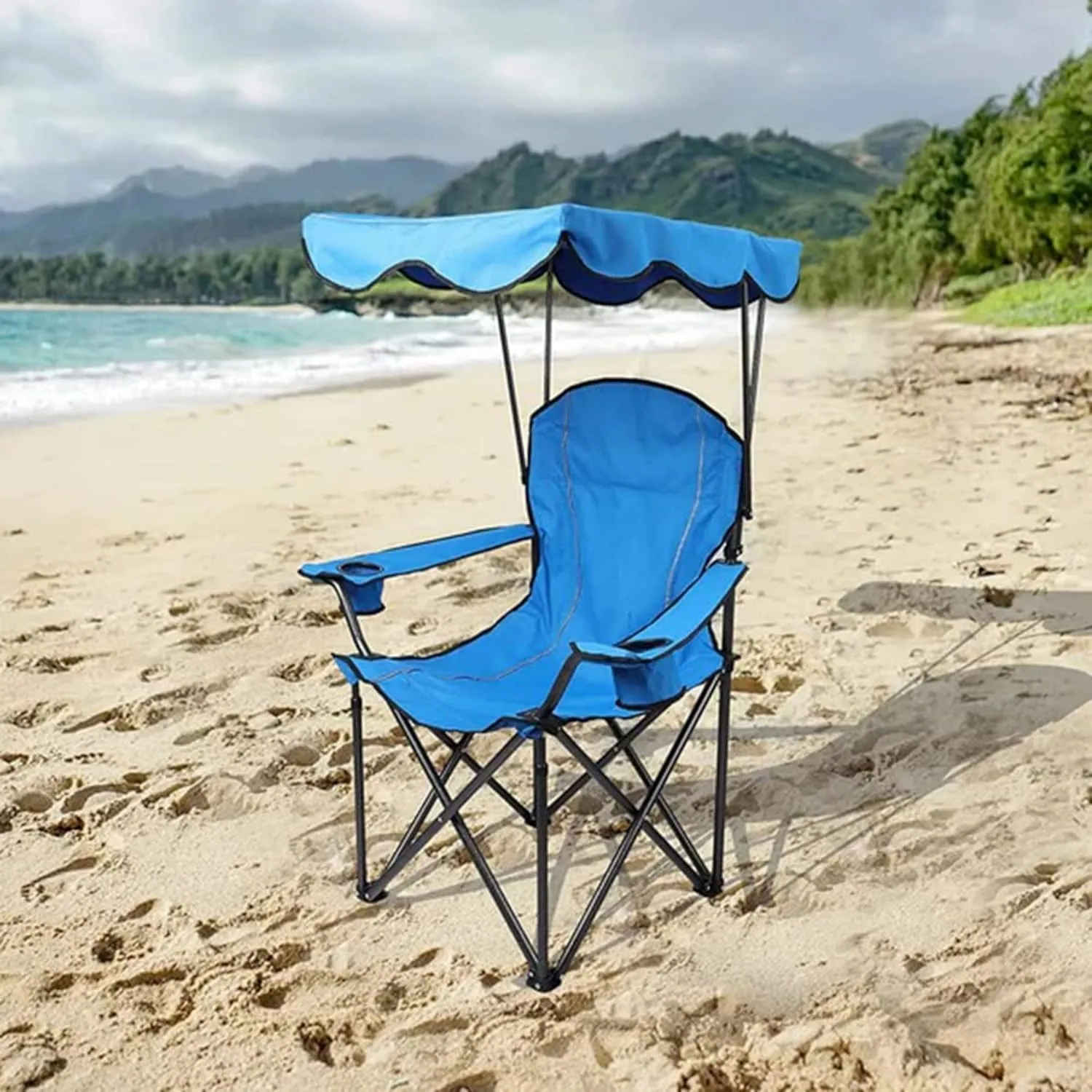 Camp Chairs with Shade Canopy Chair Folding Camping Recliner Support 350 LBS (Blue)