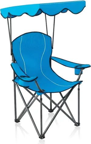 Camp Chairs with Shade Canopy Chair Folding Camping Recliner Support 350 LBS (Blue)