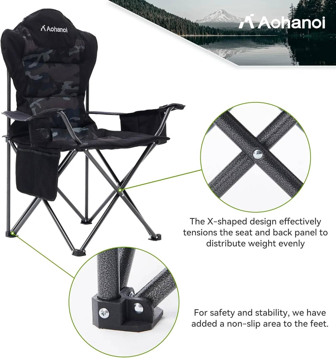 Camping Chairs, Outdoor Folding Chairs 2 Pack for Heavy People, Folding Chairs for Outside, Camp Chairs with Cup Holder & Cooler Bag, Supports up to 300lbs (2 Pcs, Camo)