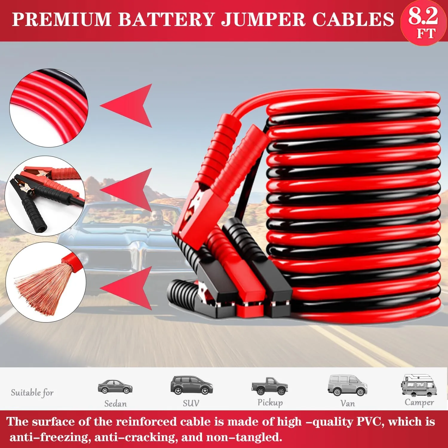 Car Roadside Emergency Kit, with Jumper Cables Automotive Kit,Car Safety Roadside Assistance Kit Headlamp,Tow Straps, Safety Hammers, Rainwear, Gloves.Black