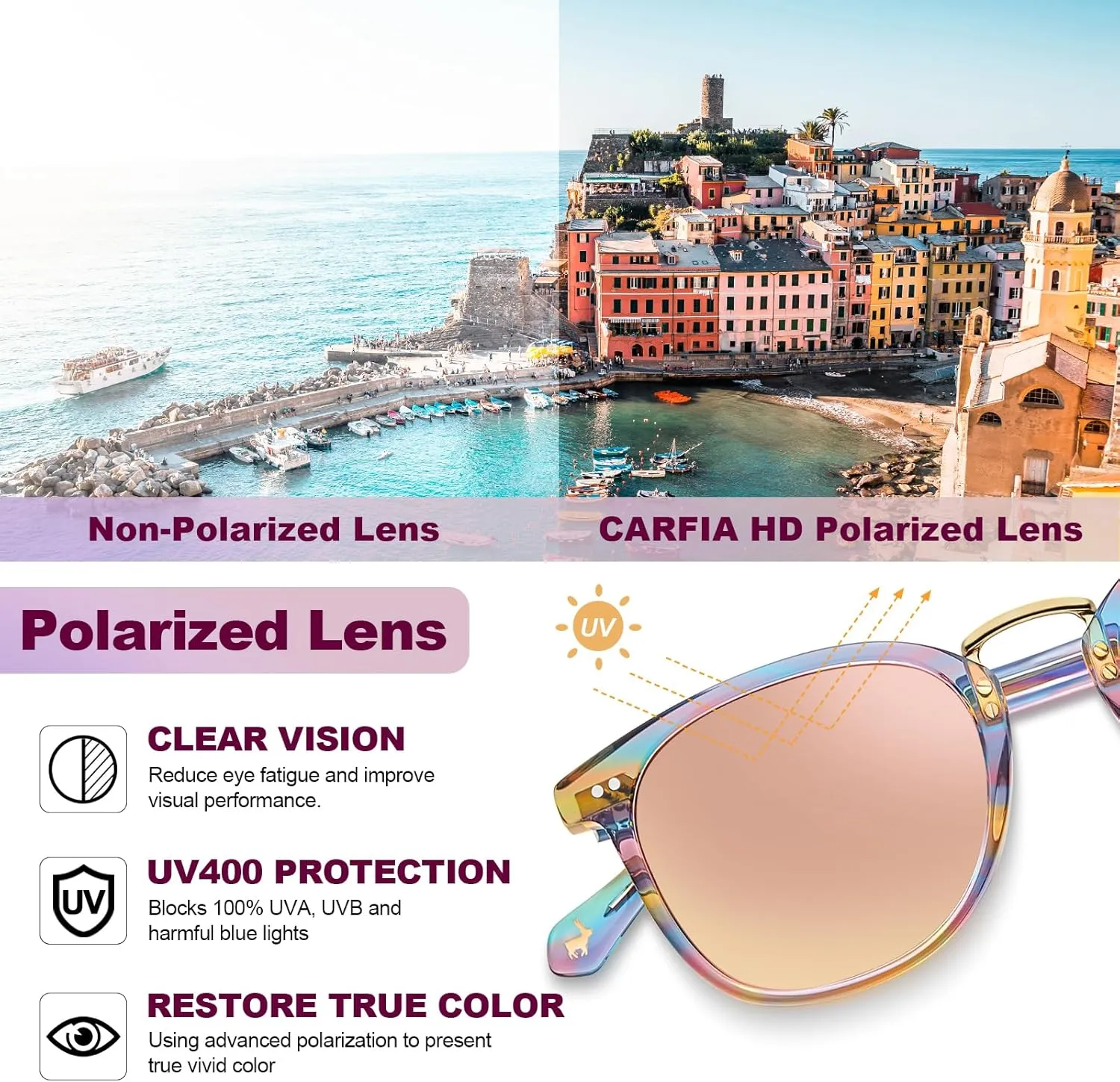 CARFIA Fashion Acetate Polarized Womens Sunglasses Small Face Retro Metal Bridge Sunnies CA5015