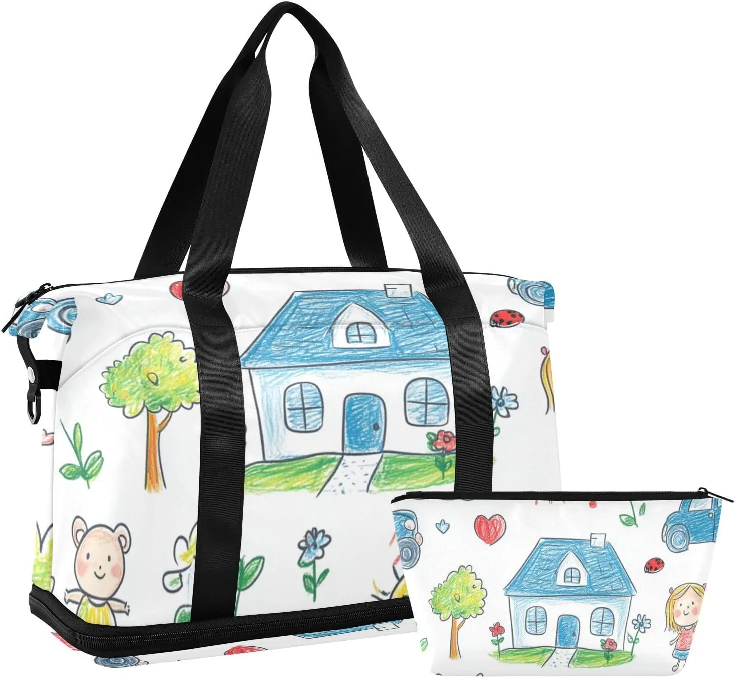 Cartoon Cute Color Stick Figure Large Gym Bag Travel Overnight Carry on Bag with Toiletry Bag for Hiking Foldable