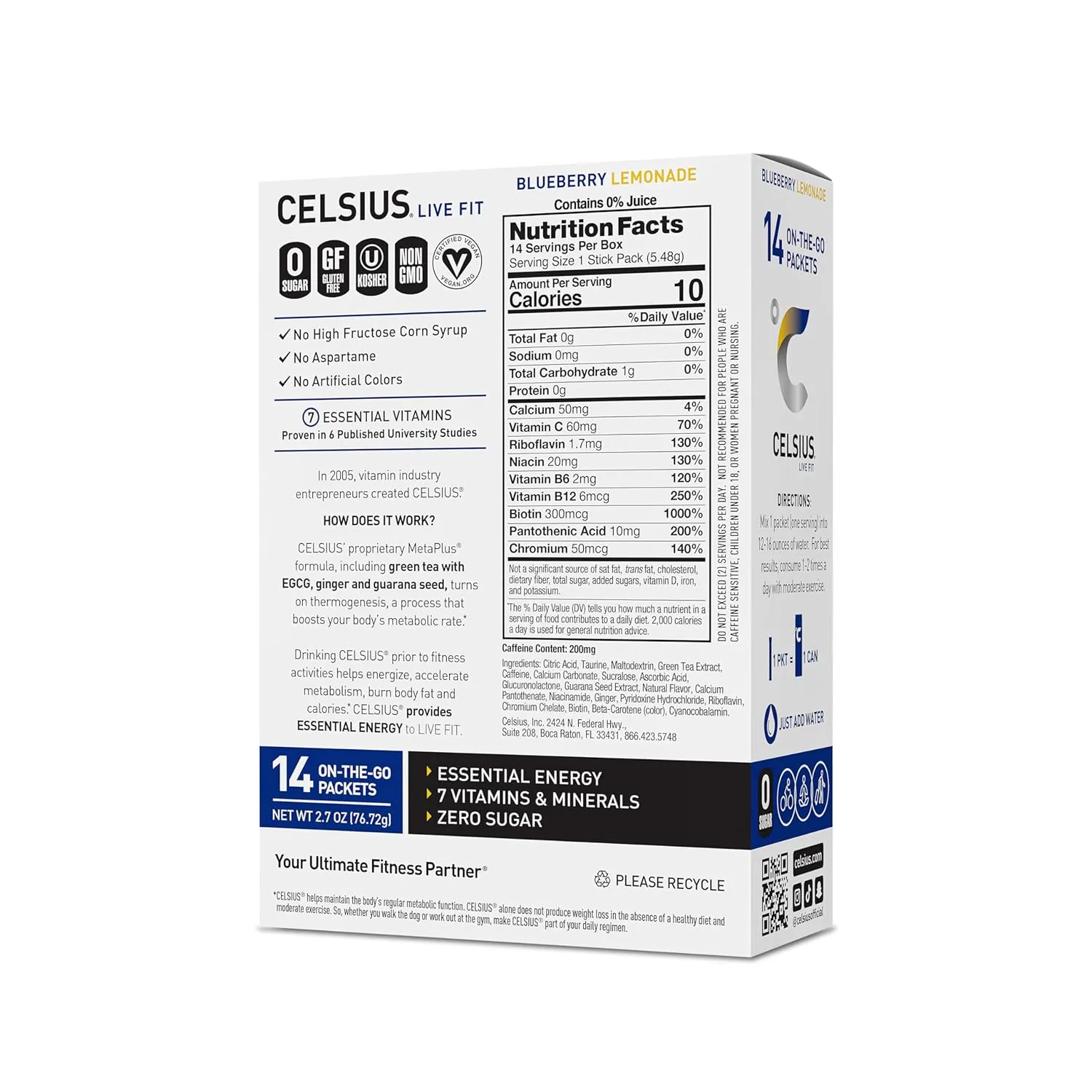 CELSIUS® On-the-Go Powder Sticks Blueberry Lemonade, Essential Energy 2.6 Oz (14 Sticks per Pack)