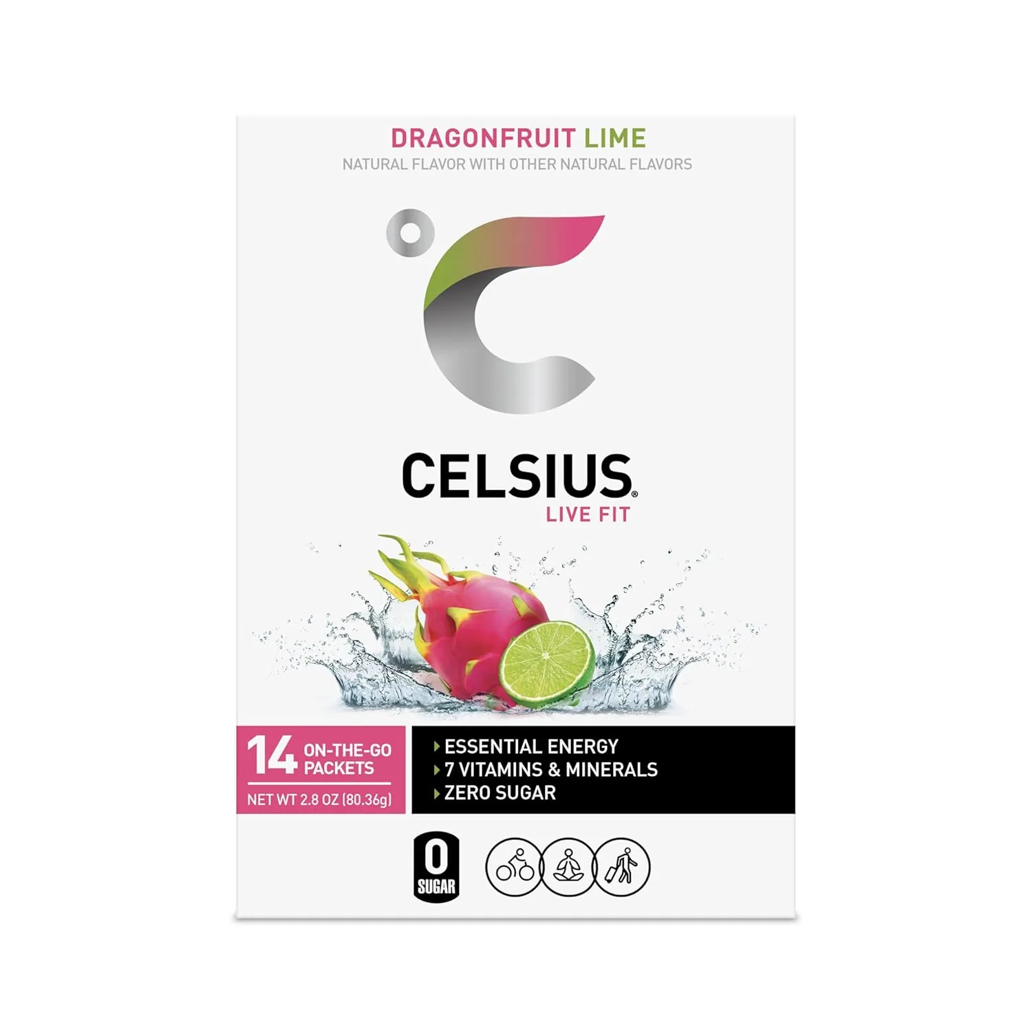 CELSIUS® On-the-Go Powder Sticks Dragonfruit Lime, Essential Energy 2.8 Oz (14 Sticks per Pack)