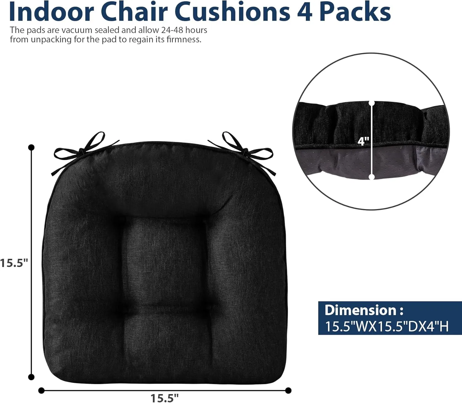 Chair Cushions for Dining Chairs, Seat Cushions for Kitchen Chairs, Indoor Seat Cushions with Ties, Tufted Foam Chair Pads, Non Slip Chair Cushions Set of 4, 15.5" x 15.5" x 4", Black