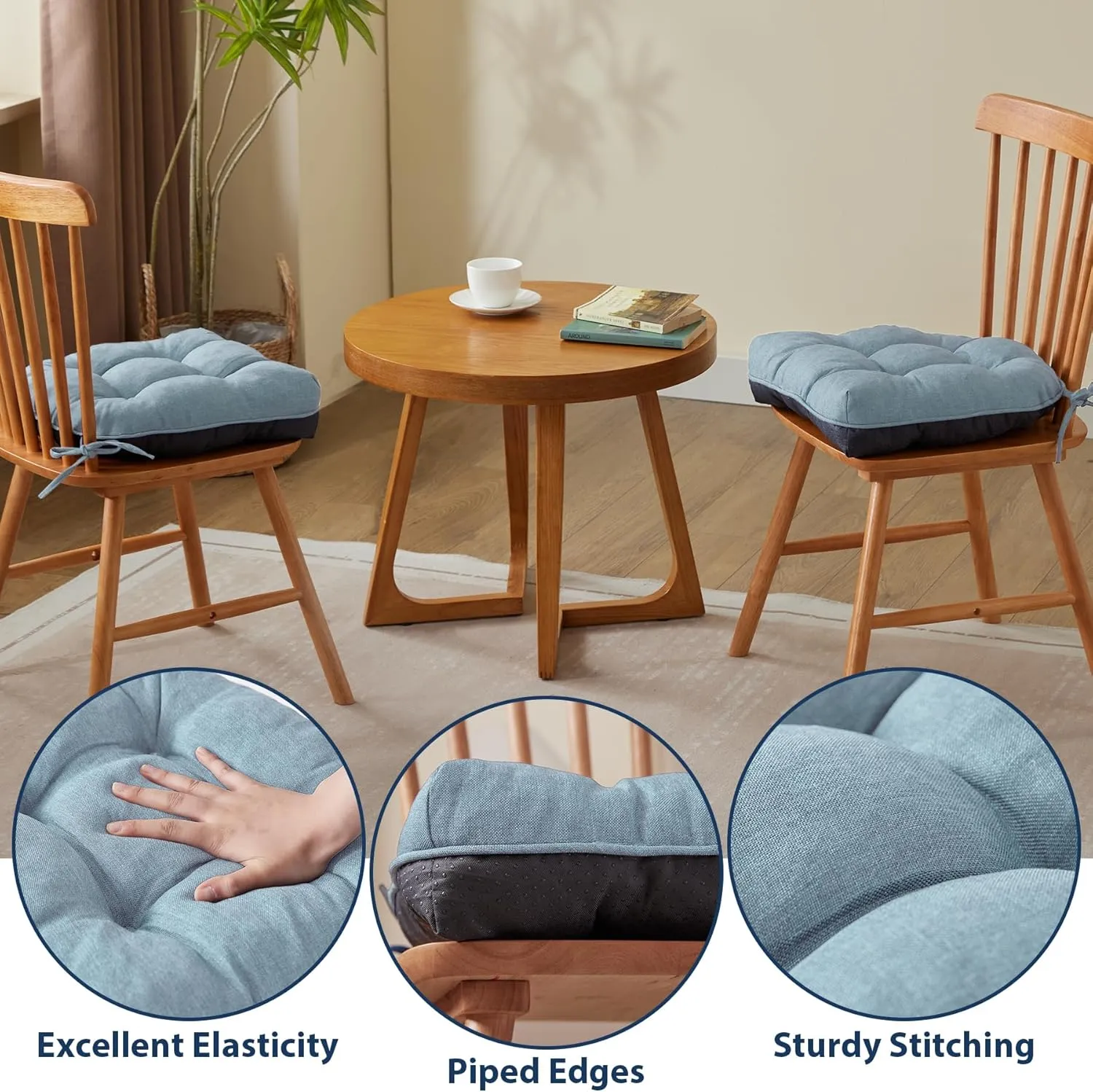 Chair Cushions for Dining Chairs, Seat Cushions for Kitchen Chairs, Indoor Seat Cushions with Ties, Tufted Foam Chair Pads, Non Slip Chair Cushions Set of 4, 15.5" x 15.5" x 4", Light Blue