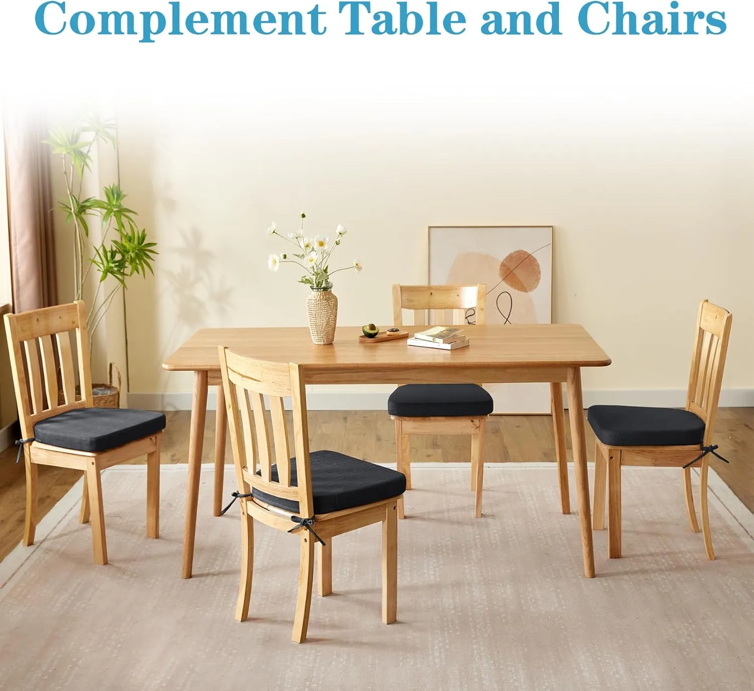 Chair Cushions for Dining Chairs Set of 4, Non Slip Kitchen Chair Pads, 17" x 16" x 2", Indoor Dining Chair Cushions with Ties, Seat Cushion for Kitchen Chairs, Chair Pads, Black