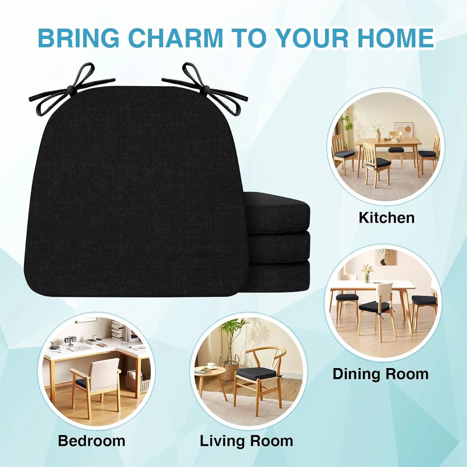 Chair Cushions for Dining Chairs Set of 4, Non Slip Kitchen Chair Pads, 17" x 16" x 2", Indoor Dining Chair Cushions with Ties, Seat Cushion for Kitchen Chairs, Chair Pads, Black