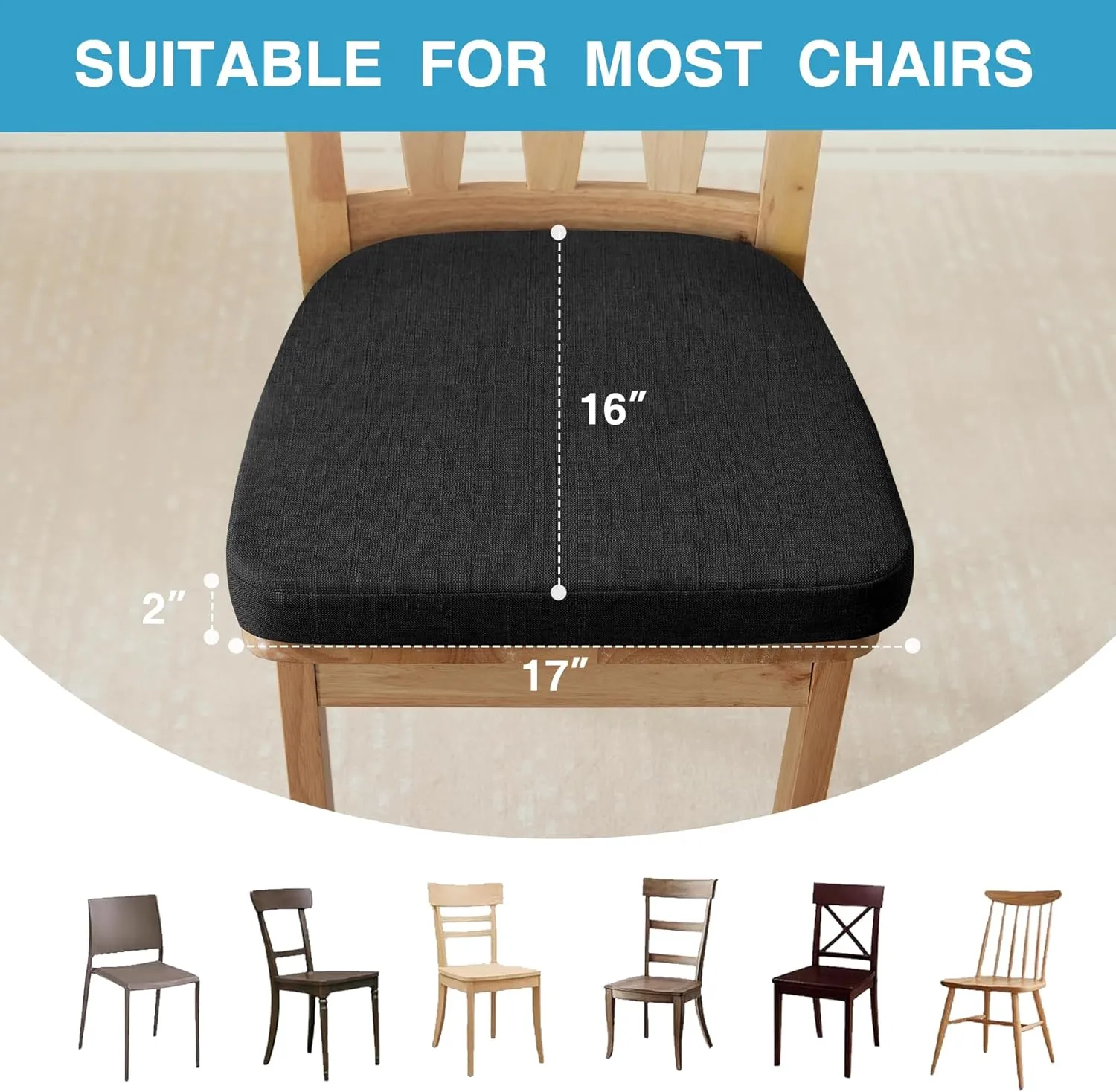Chair Cushions for Dining Chairs Set of 4, Non Slip Kitchen Chair Pads, 17" x 16" x 2", Indoor Dining Chair Cushions with Ties, Seat Cushion for Kitchen Chairs, Chair Pads, Black