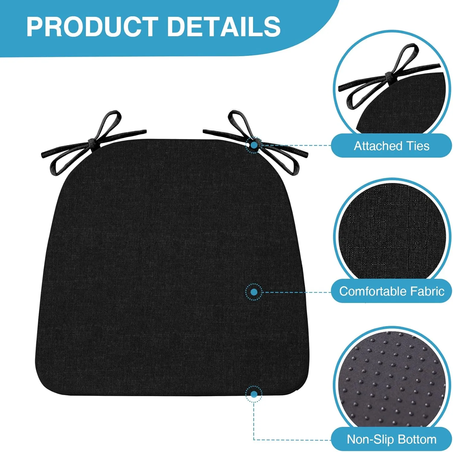 Chair Cushions for Dining Chairs Set of 4, Non Slip Kitchen Chair Pads, 17" x 16" x 2", Indoor Dining Chair Cushions with Ties, Seat Cushion for Kitchen Chairs, Chair Pads, Black