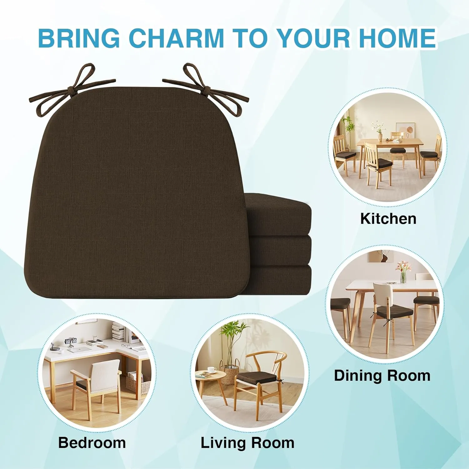 Chair Cushions for Dining Chairs Set of 4, Non Slip Kitchen Chair Pads, 17" x 16" x 2", Indoor Dining Chair Cushions with Ties, Seat Cushion for Kitchen Chairs, Chair Pads, Brown