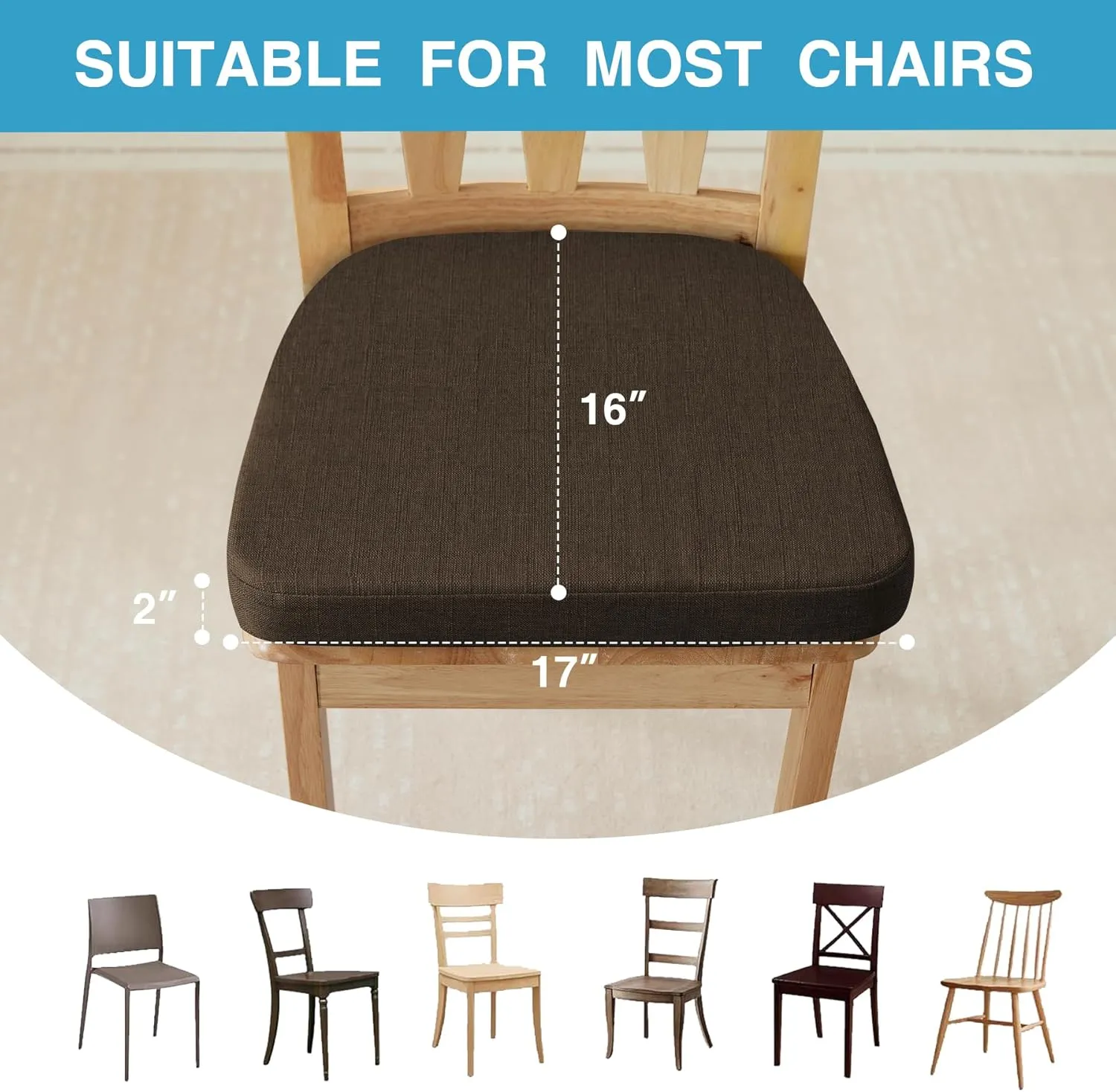 Chair Cushions for Dining Chairs Set of 4, Non Slip Kitchen Chair Pads, 17" x 16" x 2", Indoor Dining Chair Cushions with Ties, Seat Cushion for Kitchen Chairs, Chair Pads, Brown