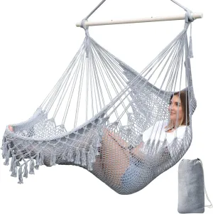 Chihee Hammock Chair Super Large Soft-Spun Cotton Rope Weaving Hanging Chair, Collapsible Strong Metal Spreader Bar Wide Seat Lace Stretch Swing Chairs Indoor Outdoor Garden Yard Theme Decoration