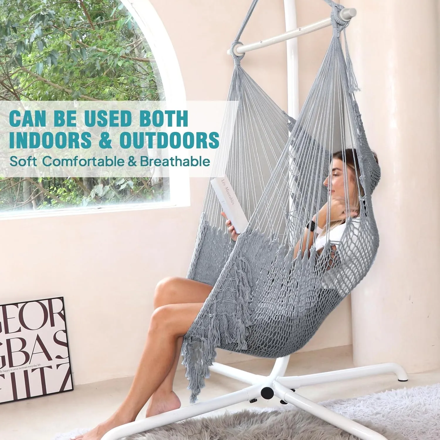 Chihee Hammock Chair Super Large Soft-Spun Cotton Rope Weaving Hanging Chair, Collapsible Strong Metal Spreader Bar Wide Seat Lace Stretch Swing Chairs Indoor Outdoor Garden Yard Theme Decoration
