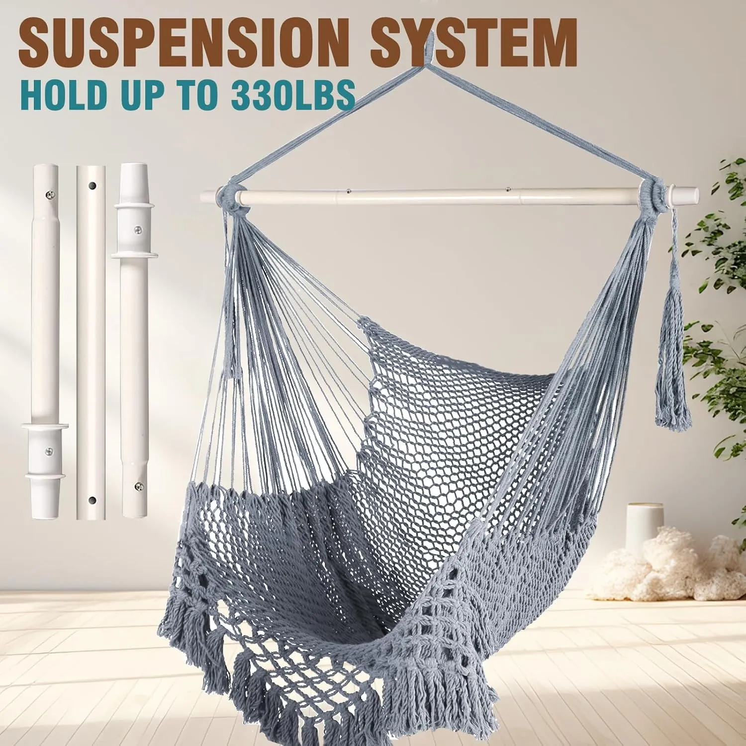 Chihee Hammock Chair Super Large Soft-Spun Cotton Rope Weaving Hanging Chair, Collapsible Strong Metal Spreader Bar Wide Seat Lace Stretch Swing Chairs Indoor Outdoor Garden Yard Theme Decoration