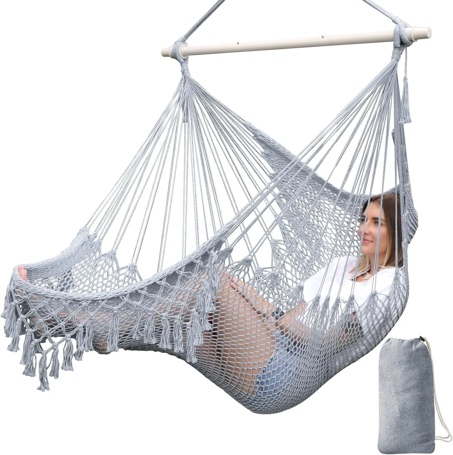 Chihee Hammock Chair Super Large Soft-Spun Cotton Rope Weaving Hanging Chair, Collapsible Strong Metal Spreader Bar Wide Seat Lace Stretch Swing Chairs Indoor Outdoor Garden Yard Theme Decoration