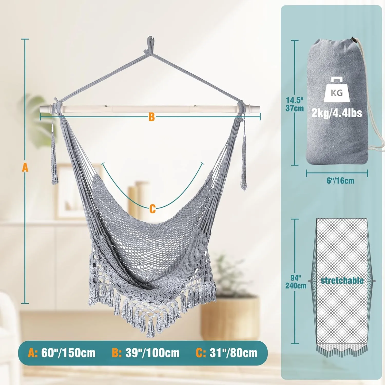 Chihee Hammock Chair Super Large Soft-Spun Cotton Rope Weaving Hanging Chair, Collapsible Strong Metal Spreader Bar Wide Seat Lace Stretch Swing Chairs Indoor Outdoor Garden Yard Theme Decoration