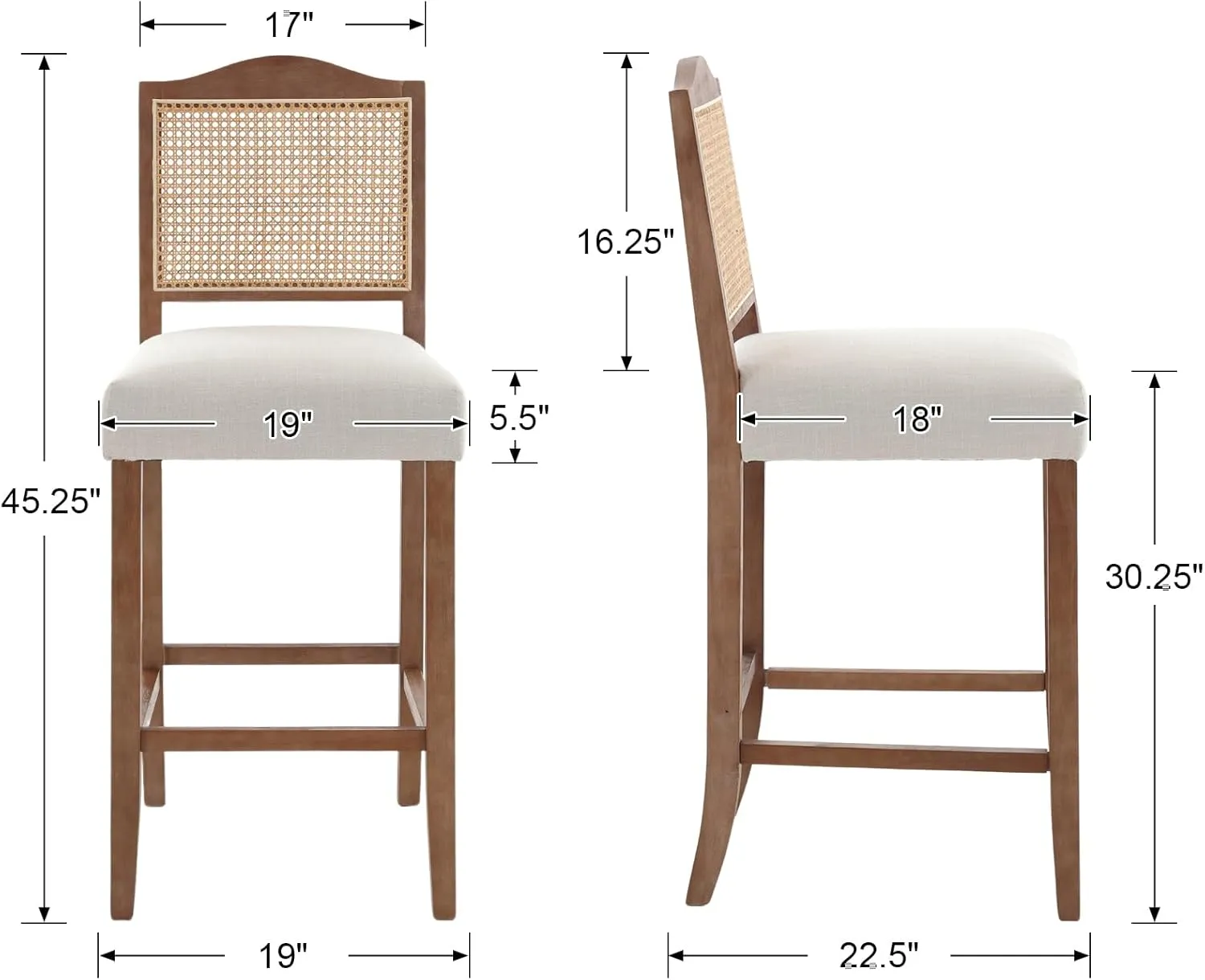 CIMOTA 30 Inch Counter Height Stools Set of 2 Rattan Farmhouse Barstools Mid Century Modern Bar Chairs Upholstered Kitchen Bar Stools with Wood Legs for Island/Dining Room, Linen Beige