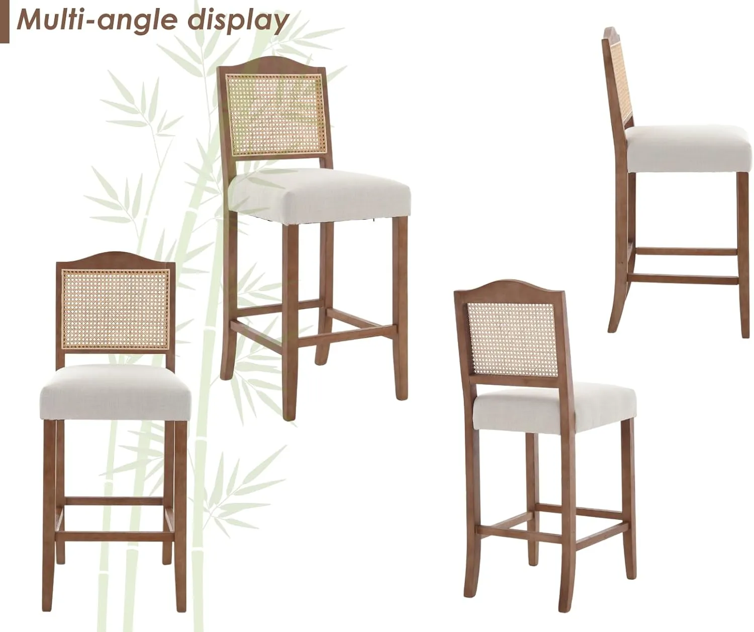 CIMOTA 30 Inch Counter Height Stools Set of 2 Rattan Farmhouse Barstools Mid Century Modern Bar Chairs Upholstered Kitchen Bar Stools with Wood Legs for Island/Dining Room, Linen Beige