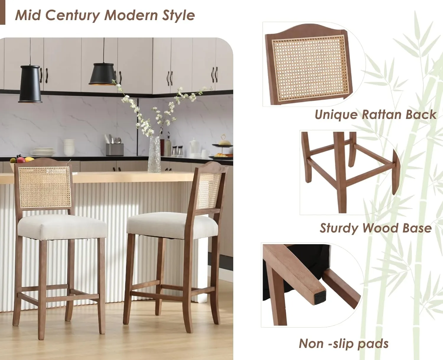 CIMOTA 30 Inch Counter Height Stools Set of 2 Rattan Farmhouse Barstools Mid Century Modern Bar Chairs Upholstered Kitchen Bar Stools with Wood Legs for Island/Dining Room, Linen Beige