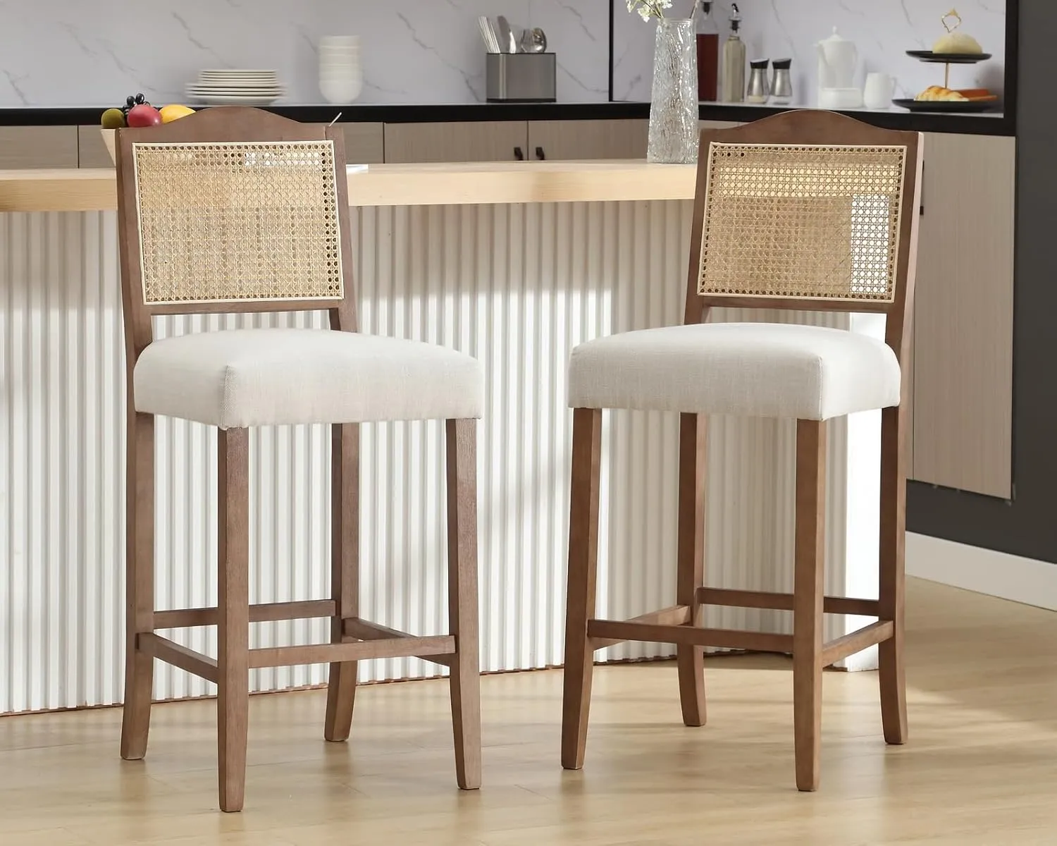 CIMOTA 30 Inch Counter Height Stools Set of 2 Rattan Farmhouse Barstools Mid Century Modern Bar Chairs Upholstered Kitchen Bar Stools with Wood Legs for Island/Dining Room, Linen Beige