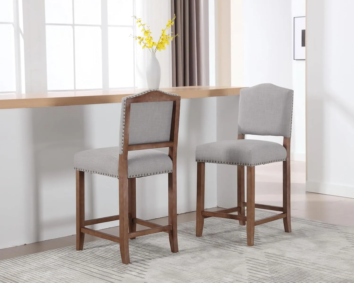 CIMOTA Counter Height Bar Stools Set of 2 Farmhouse Bar Chairs Mid Century Counter Stools Barstools with Back Kitchen Stools with Wood Legs for Island/Home Bar/Pub/Dining Room, Linen Grey, 26 Inch