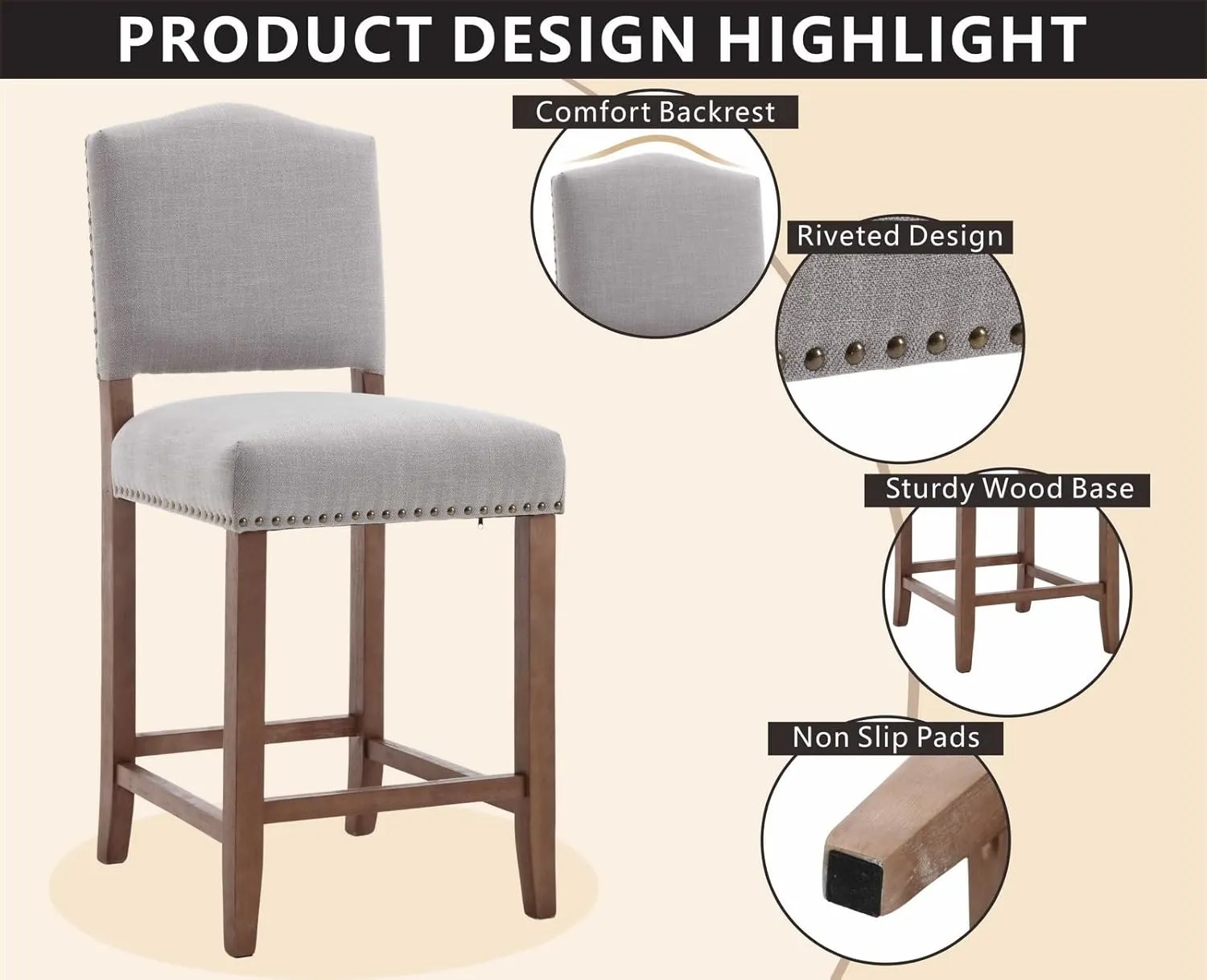 CIMOTA Counter Height Bar Stools Set of 2 Farmhouse Bar Chairs Mid Century Counter Stools Barstools with Back Kitchen Stools with Wood Legs for Island/Home Bar/Pub/Dining Room, Linen Grey, 26 Inch